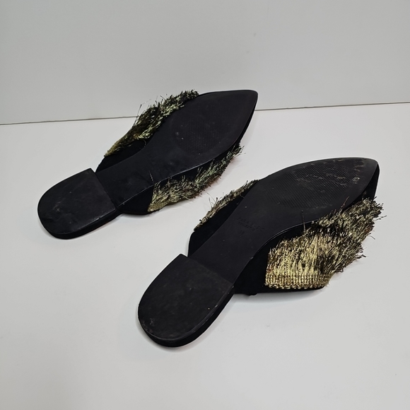 Zara Pointy-Toe Flat Mules with Fringe Black/Gold, Size 38 - Picture 11 of 16
